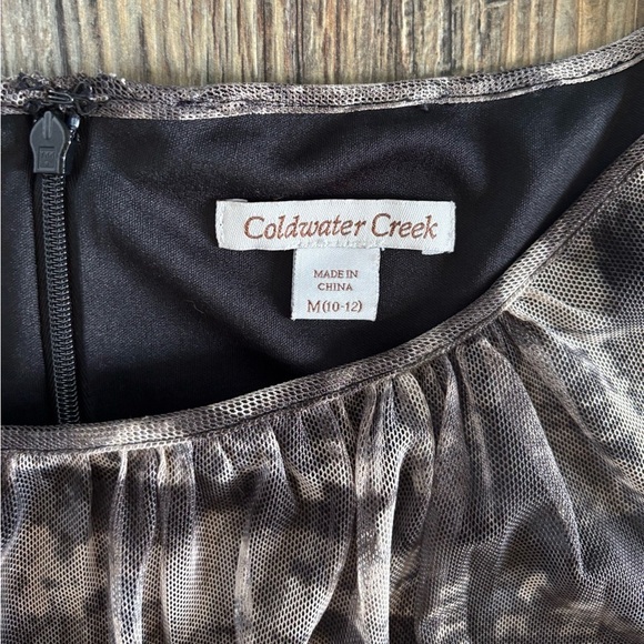Coldwater Creek Midi Dress Sz M (10-12) Mesh Overlay Ruched Waistband Black Tan - Picture 8 of 12